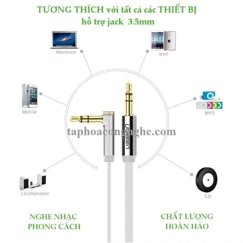 Ugreen 10760 3M Trắng Cáp âm thanh 2 đầu 3.5mm dương chữ L dây dẹt AV119 30010760
